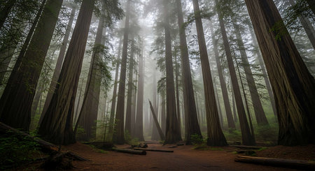 Old redwood forest in a foggy day, San Francisco, California, USA