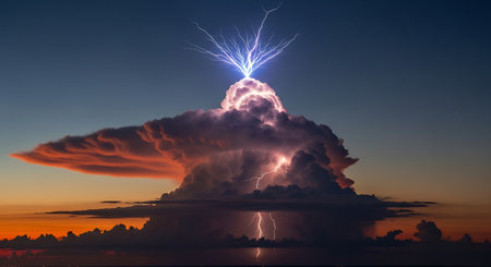 Lightning strikes the cloud in the sky. 3D render.