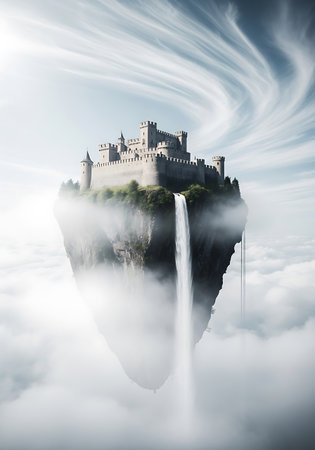 Fantastic view of a beautiful castle on a cliff above the clouds