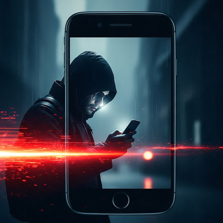 Hooded man using smartphone on abstract city background with binary code. Malware concept. Double exposureの写真素材