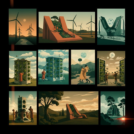 Ecology and environment icons set with windmills and people vector illustration