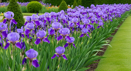 Purple iris flowers blooming in a garden in spring.