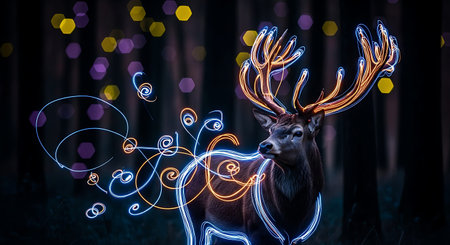 Deer in the forest with lights on background. 3d rendering