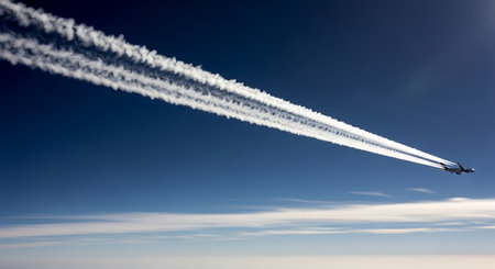 Airplane in the blue sky with white clouds and contrails.