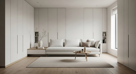 Modern living room with white walls, wooden floor, white sofa and coffee table. 3d rendering