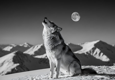 Black and white portrait of a wolf in the mountains against the moon
