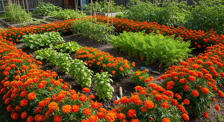 Colorful flowerbed with orange and red flowers in the garden.