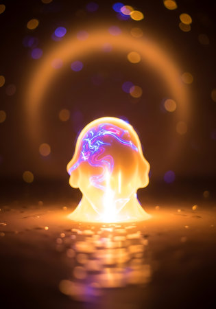 Artificial intelligence concept. Silhouette of a human head with a glowing brain on a dark...