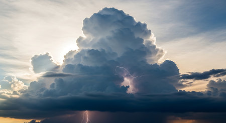 Dramatic sky with thunderclouds and lightning during sunset.