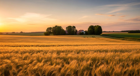 Sunset over a wheat field in the countryside of Bavaria, Germanyの写真素材