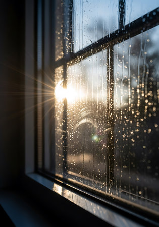 Raindrops on the window in the rays of the setting sun.