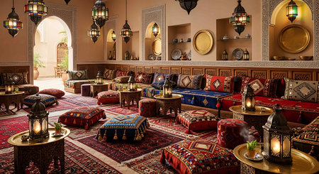 Interior of a traditional moroccan hotel room with armchairs