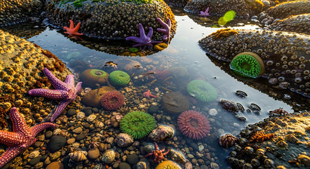 Beautiful seascape with colorful sea anemones and starfishesの写真素材
