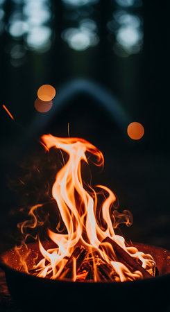 Burning firewood in a bonfire in the night forest.