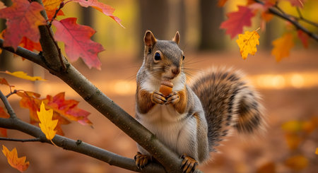 Squirrel sitting on a tree branch in the autumn forest and eating nut