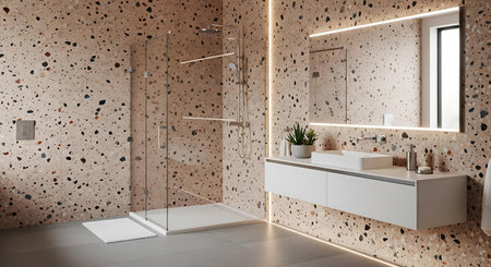Modern bathroom interior with beige walls, tiled floor, white bathtub and shower stall. 3d rendering