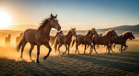 Herd of horses running on the meadow at sunrise in autumn