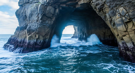 Beautiful seascape with ocean waves crashing on rock formations.の写真素材