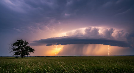 Storm over the field with a tree in the foreground at sunset.