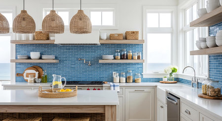 interior of modern bright kitchen with blue brick wall and white countertops