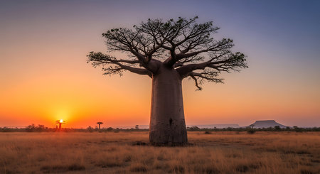 Sunset at Baobab tree in the savannahの写真素材