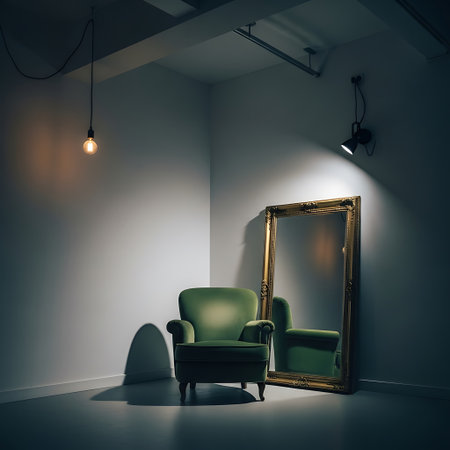 Green armchair in the room with a mirror. 3d rendering