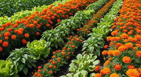 Marigold flowers in the garden. Flowerbed with marigold flowers.の写真素材