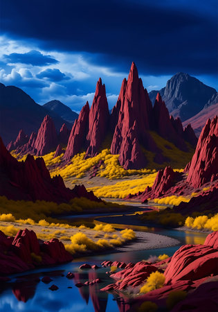 Fantasy landscape with mountains and river, 3d render. Computer digital drawing.の写真素材