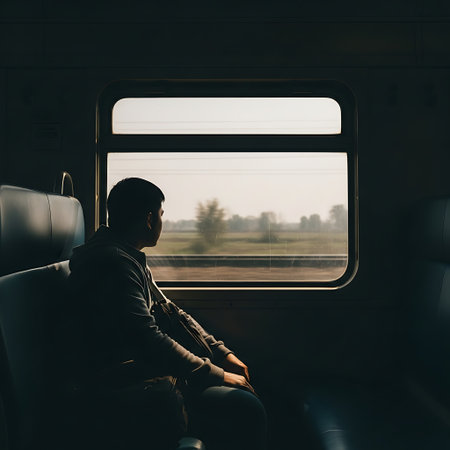Young man sitting in the train and looking out of the window.