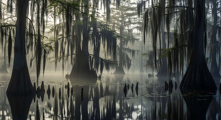 Foggy swamp with cypress trees reflected in the water.