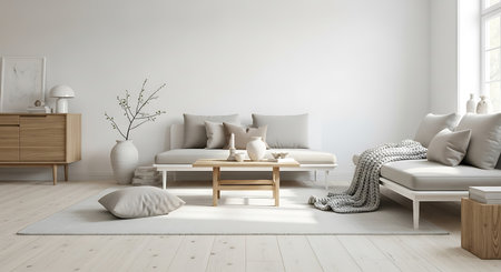modern living room with white sofa and wooden coffee table - 3d rendering
