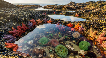 Colorful sea anemones and starfishes reflected in the water at sunsetの写真素材