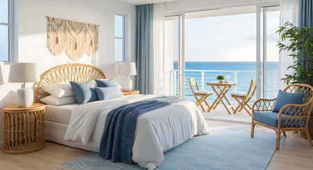 3d render of modern bedroom with sea view in the background.の写真素材