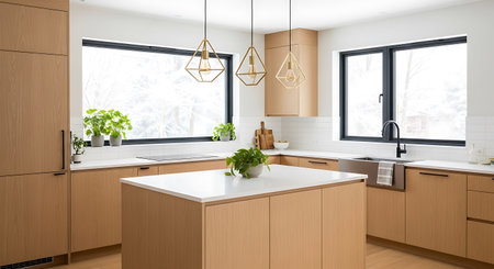 Interior of modern kitchen with white and wooden walls, wooden floor and white countertops