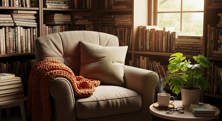 Comfortable armchair with knitted blanket and coffee cup in libraryの写真素材