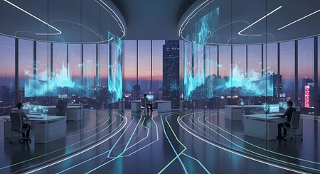 3D rendering of a modern office interior with a panoramic city view