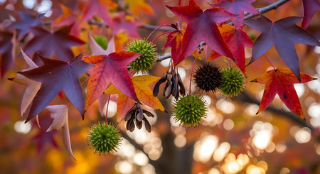 Autumn leaves and chestnuts on a tree branch with a blurred background