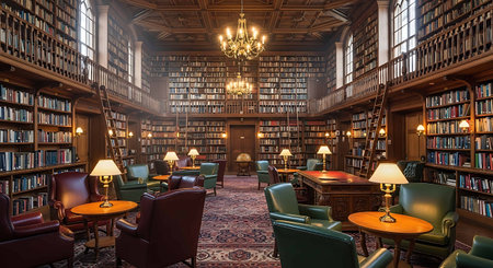Interior of a library with bookshelves, tables and chairs