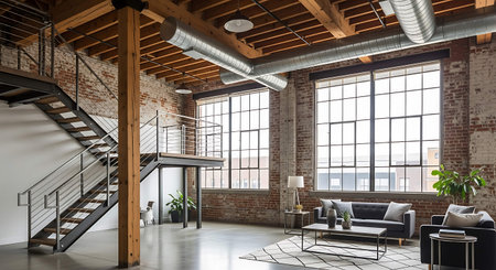 interior of modern loft with brick walls, concrete floor, gray sofa and wooden staircase. 3d...