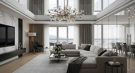 modern living room with panoramic window view 3d rendering image