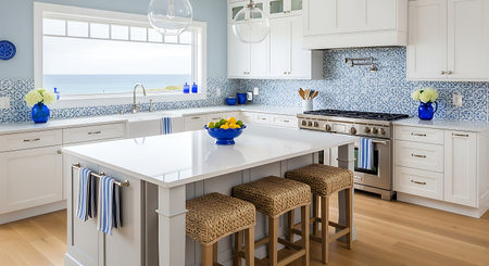 Luxury white and blue modern kitchen with a beautiful sea view