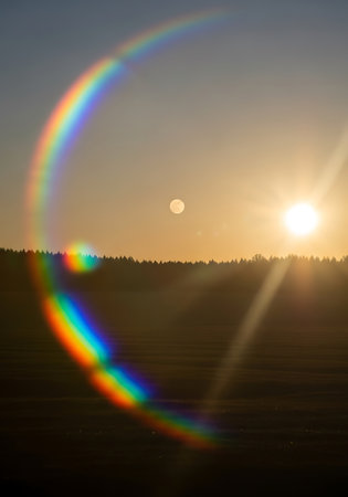 Sunset over the field with a rainbow in the form of a circle