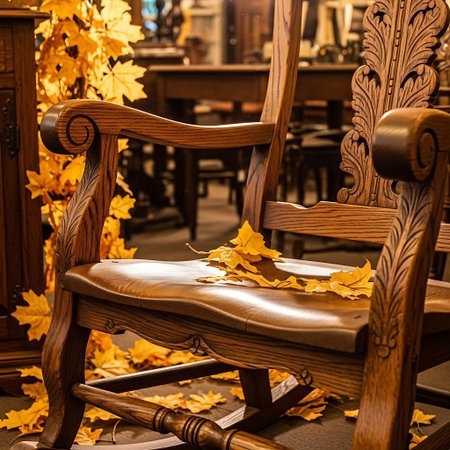 Wooden rocking chair with autumn leaves in the interior of the restaurantの写真素材