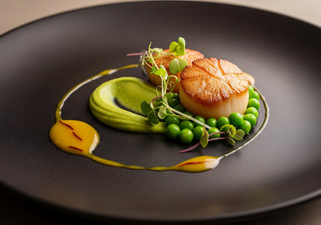 Grilled scallops with green peas and sauce on black plateの写真素材