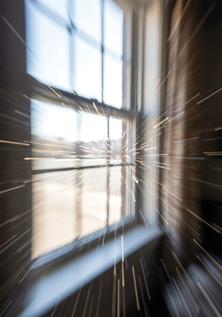 Abstract motion blur of a window in a room with light rays.