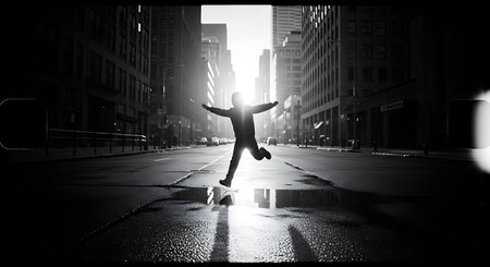 Person jumping high in the air. Mixed media.