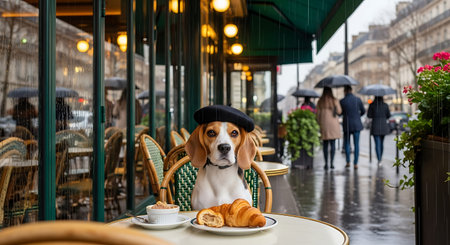 Beagle dog with croissant and coffee in Paris, Franceの写真素材