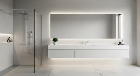 Interior of modern bathroom with white walls, tiled floor, white bathtub and shower stall. 3d...