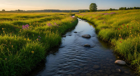 Beautiful summer landscape with small stream in the meadow at sunsetの写真素材