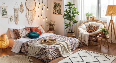 Cozy bedroom interior with a large comfortable bed with pillows and a basket of yarn